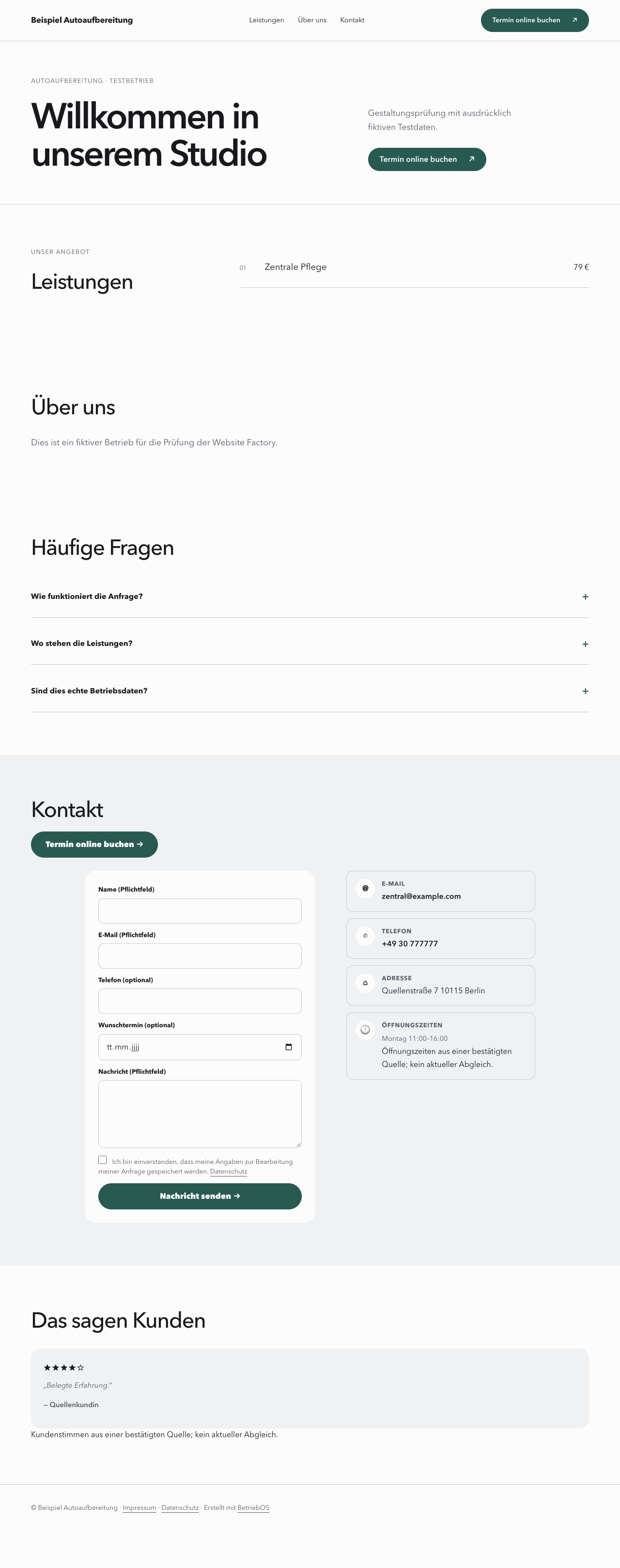 Echte mit BetriebOS erstellte Website mit fiktivem Testbetrieb